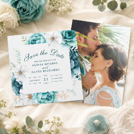 ティールカラーの野の花の写真付き結婚式事前告知カード セーブザデート