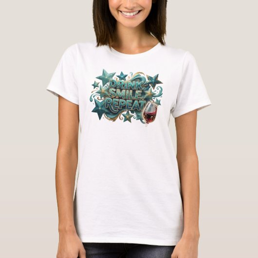 ティールカラーの「DRINK SMILE REPEAT」Tシャツデザイン Tシャツ (正面)