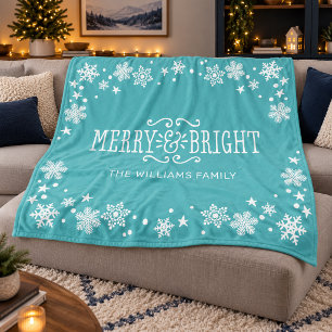 ティールカラーのMerry+and+Bright(陽気で輝かしい)家族の名前 フリースブランケット