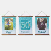 ティールグリッターの装飾 2枚の写真 50歳の誕生日 吊り下げ型タペストリー (トリプル)