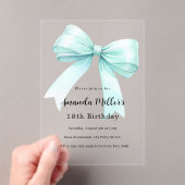 ティールグリーンのリボンがエレガントなクリアバースデー アクリル招待状 (インサイチュ (ポータブル))