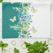 ティールグリーンの植物画蝶々 キッチンタオル (折り畳み)