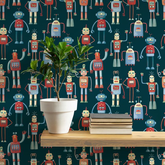 ティールグリーンの楽しいロボット柄 壁紙 (Fun robot pattern teal green wallpaper for nursery and kids room decor)