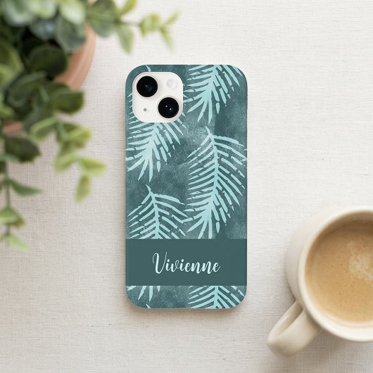 ティールグリーンの水彩トロピカルリーフネーム Case-Mate iPhoneケース