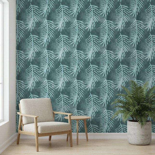 ティールグリーンの水彩トロピカルリーフ 壁紙 (Teal Green Watercolor Tropical Leaf Wallpaper)