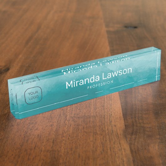 ティールグリーンの水彩背景 デスクネームプレート (側面)