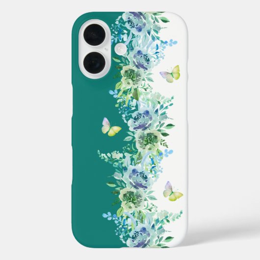 ティールグリーンの蝶と花の携帯ケース Case-Mate iPhoneケース (裏面)