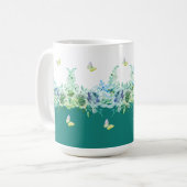 ティールグリーンの蝶と花柄マグカップ コーヒーマグカップ (正面左)