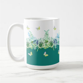 ティールグリーンの蝶と花柄マグカップ コーヒーマグカップ