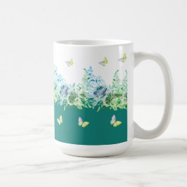 ティールグリーンの蝶と花柄マグカップ コーヒーマグカップ