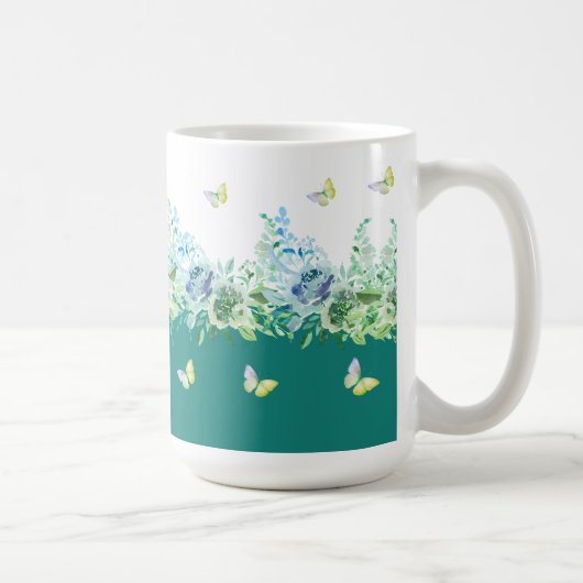 ティールグリーンの蝶と花柄マグカップ コーヒーマグカップ (右)