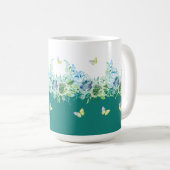 ティールグリーンの蝶と花柄マグカップ コーヒーマグカップ (正面右)