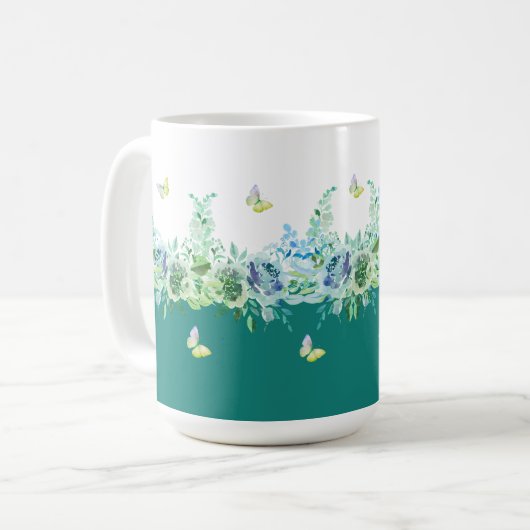 ティールグリーンの蝶と花柄マグカップ コーヒーマグカップ (正面左)