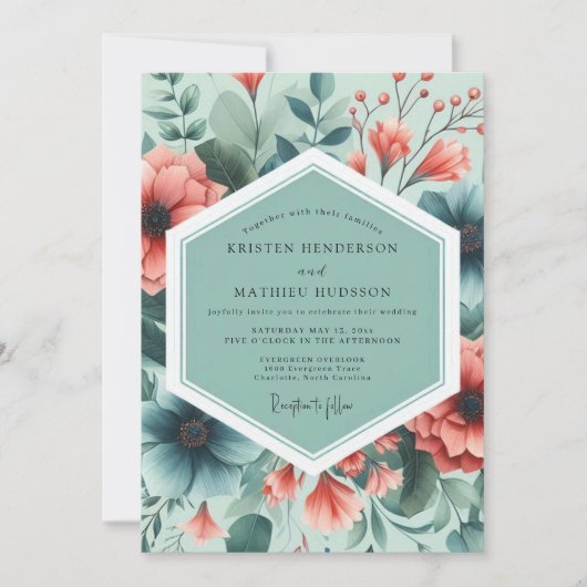 ティールコーラルペインター風の植物ウェディング 招待状 (正面)