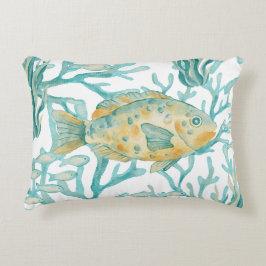 ティールゴールドの水彩魚 アクセントクッション