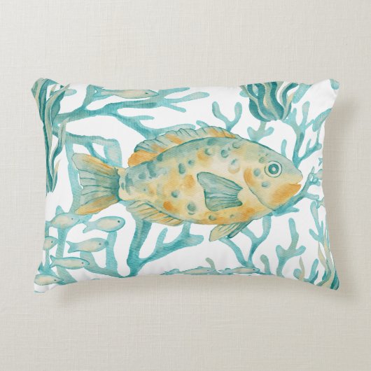 ティールゴールドの水彩魚 アクセントクッション (正面)