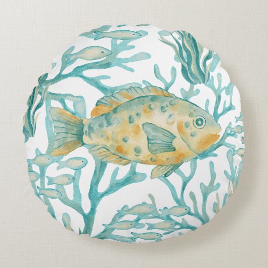 ティールゴールドの水彩魚 ラウンドクッション (正面)