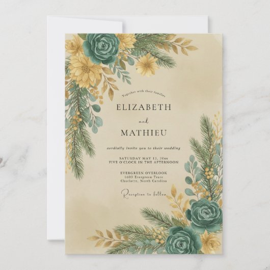 ティールゴールドの葉とグレイのユーカリの結婚式 招待状 (正面)