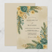 ティールゴールドの葉とグレイのユーカリの結婚式 招待状 (正面/裏面)