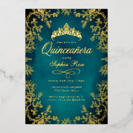 ティールゴールドクラウンフローラル quinceanera  箔招待状