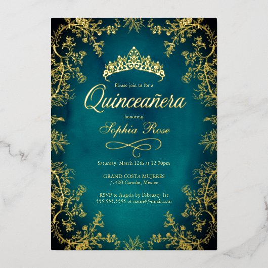 ティールゴールドクラウンフローラル quinceanera  箔招待状 (正面)