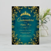 ティールゴールドクラウンフローラル quinceanera  箔招待状 (立ち正面)