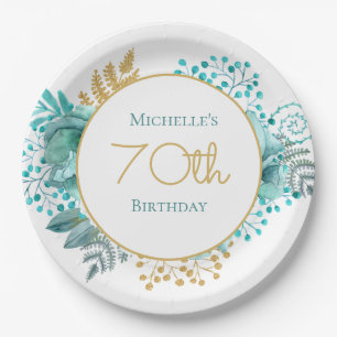 ティールゴールドフラワー 70歳の誕生日   ペーパープレート