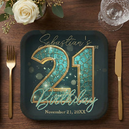 ティールゴールド幾何学モザイク 21歳の誕生日パーティー ペーパープレート