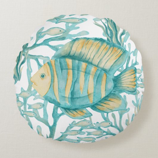 ティールストライプの水彩魚 ラウンドクッション (正面)