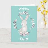 ティールピンクのウサギのリース イースター カード (黄色い花)