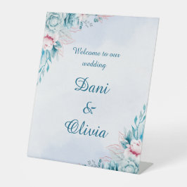ティールフラワーの結婚式ウェルカムサイン 台座サイン