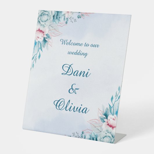 ティールフラワーの結婚式ウェルカムサイン 台座サイン (正面)
