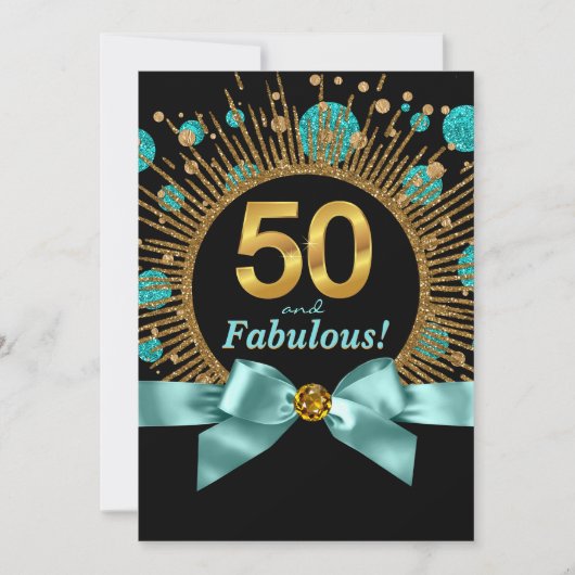 ティールブルーとゴールドのラメで飾られた女性の50歳の誕生日 招待状 (正面)