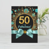 ティールブルーとゴールドのラメで飾られた女性の50歳の誕生日 招待状 (スタンド正面)