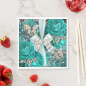 ティールブルーのシルバーバタフライローズ シャビー ヴィンテージ スタンダードランチョンナプキン (インサイチュ)