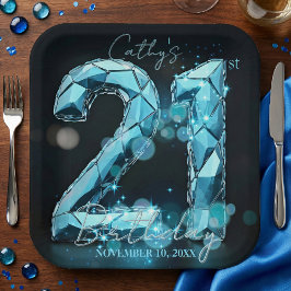 ティールブルーのダイヤモンドクリスタル21歳の誕生日 ブラック ペーパープレート