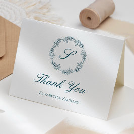 ティールブルーのモノグラムリースの結婚式のお礼 カード