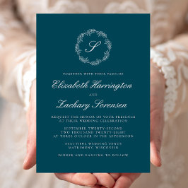 ティールブルーのモノグラムリース 白文字の結婚式 招待状