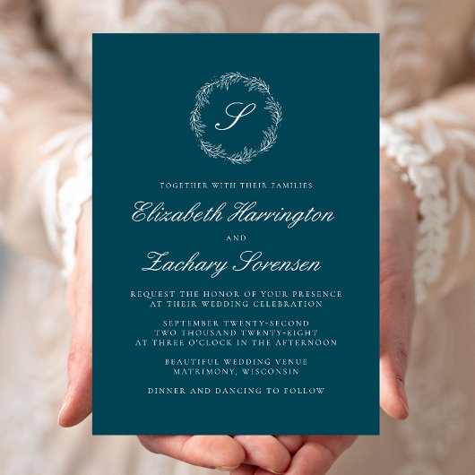 ティールブルーのモノグラムリース 白文字の結婚式 招待状