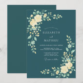ティールブルーの植物学的な結婚式 招待状 (正面/裏面)