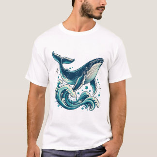 ティールブルーの海の波とザトウクジラ Tシャツ