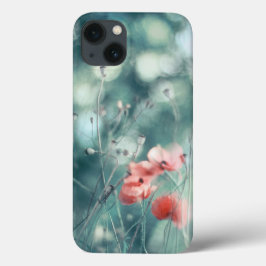 ティールブルーの背景に咲くモダンで抽象的な夢のようなポピー iPhone 13ケース