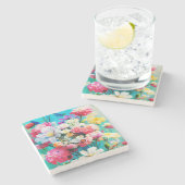 ティールブルーの背景に色とりどりの花 ストーンコースター (横)