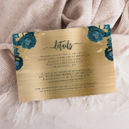 ティールブルーの花とゴールドのブラッシュドメタルの結婚式の細部 エンクロージャーカード