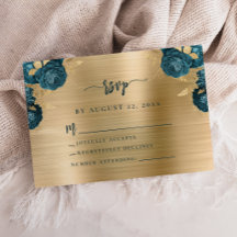 ティールブルーの花とゴールドのブラッシュメタル ウェディングRSVP