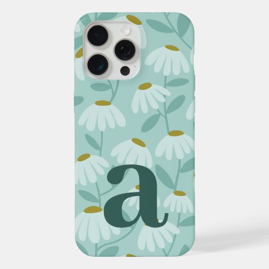 ティールブルーの花柄と大きなモノグラムの文字 iPhoneケース (裏面)