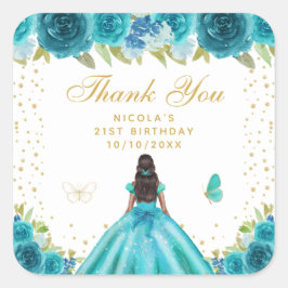 ティールブルーの花柄のダークスキンのプリンセスの誕生日パーティー スクエアシール