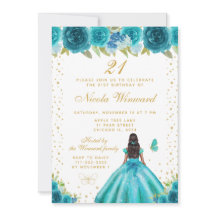 ティールブルーの花柄のダークスキンのプリンセスの誕生日パーティー