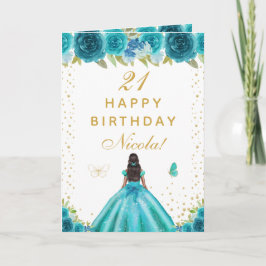 ティールブルーの花柄のダークスキンの女の子の誕生日 カード