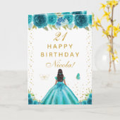 ティールブルーの花柄のダークスキンの女の子の誕生日 カード (黄色い花)